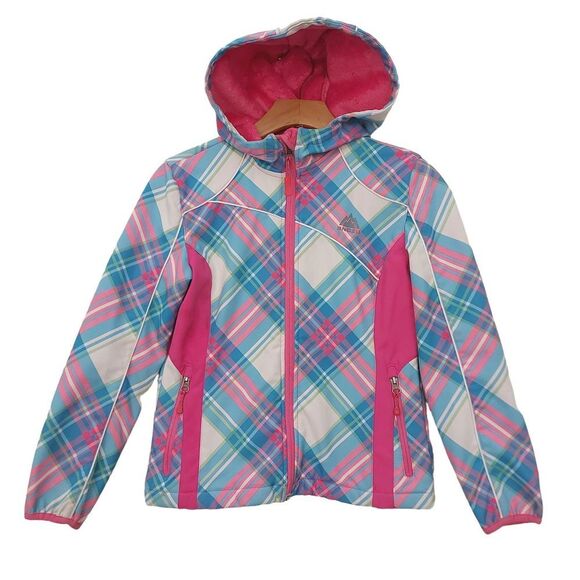 Snozu Hooded Jacket Girls Medium 10/12 Pink Blue Fleece Inside Full Zip Winter - Picture 1 of 11